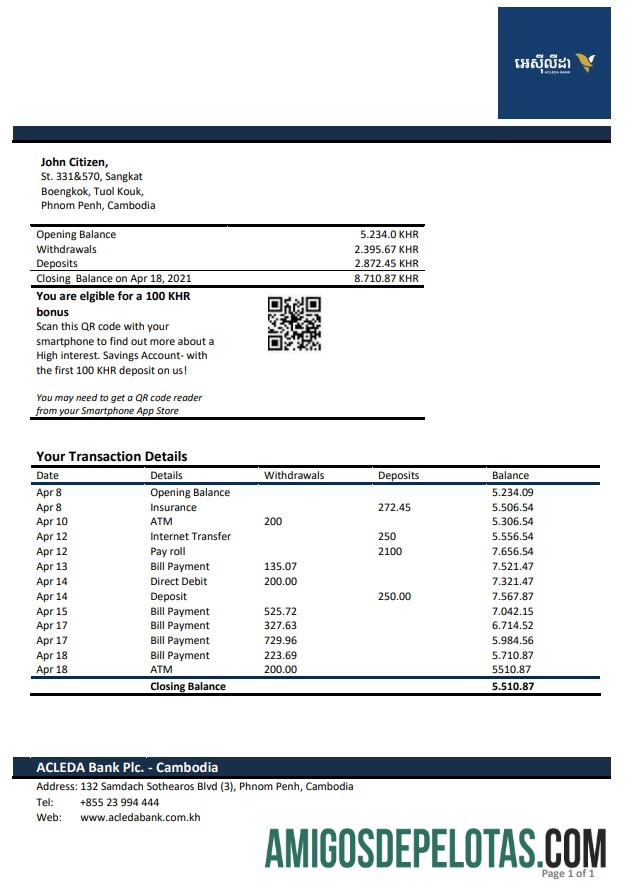 Exemplo de extrato bancário Acleda do Camboja